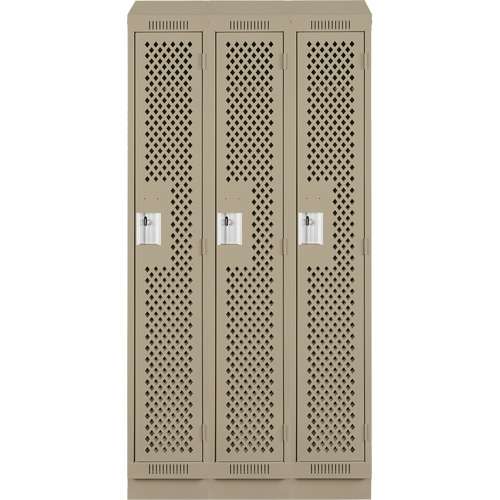 Clean Line Lockers, Bank of 3, 36" x 18" x 82", Steel, Beige, Rivet (Assembled), Perforated Ontario Packaging