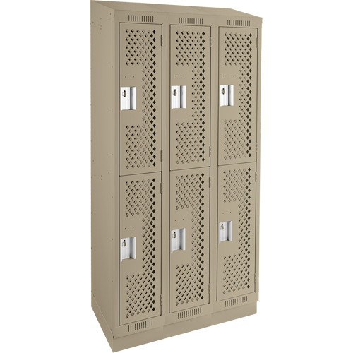 Clean Line Lockers, 2 -tier, Bank of 3, 36" x 12" x 82", Steel, Beige, Rivet (Assembled), Perforated Ontario Packaging