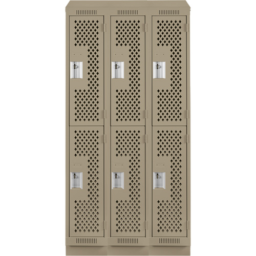 Clean Line Lockers, 2 -tier, Bank of 3, 36" x 12" x 82", Steel, Beige, Rivet (Assembled), Perforated Ontario Packaging