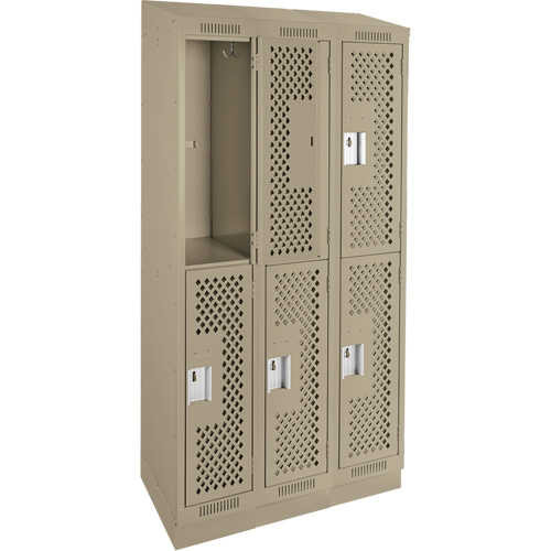 Clean Line Lockers, 2 -tier, Bank of 3, 36" x 12" x 82", Steel, Beige, Rivet (Assembled), Perforated Ontario Packaging