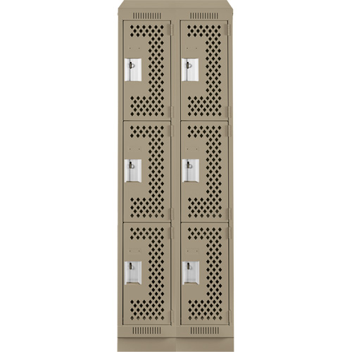 Clean Line Lockers, 3 -tier, Bank of 2, 24" x 15" x 82", Steel, Beige, Rivet (Assembled), Perforated Ontario Packaging