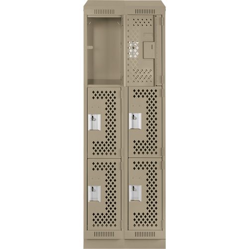 Clean Line Lockers, 3 -tier, Bank of 2, 24" x 15" x 82", Steel, Beige, Rivet (Assembled), Perforated Ontario Packaging