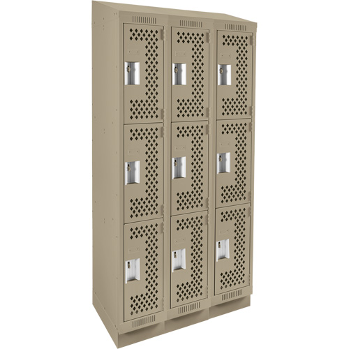 Clean Line Lockers, 3 -tier, Bank of 3, 36" x 15" x 82", Steel, Beige, Rivet (Assembled), Perforated Ontario Packaging