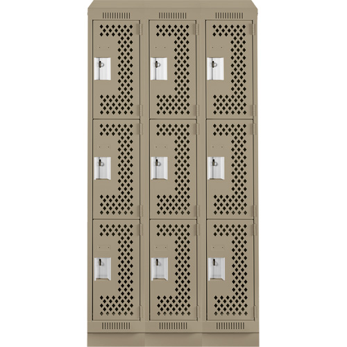 Clean Line Lockers, 3 -tier, Bank of 3, 36" x 15" x 82", Steel, Beige, Rivet (Assembled), Perforated Ontario Packaging