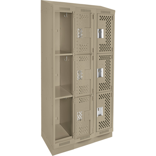 Clean Line Lockers, 3 -tier, Bank of 3, 36" x 15" x 82", Steel, Beige, Rivet (Assembled), Perforated Ontario Packaging