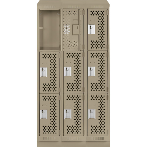 Clean Line Lockers, 3 -tier, Bank of 3, 36" x 15" x 82", Steel, Beige, Rivet (Assembled), Perforated Ontario Packaging