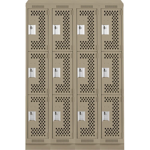 Clean Line Lockers, 3 -tier, Bank of 4, 48" x 15" x 82", Steel, Beige, Rivet (Assembled), Perforated Ontario Packaging