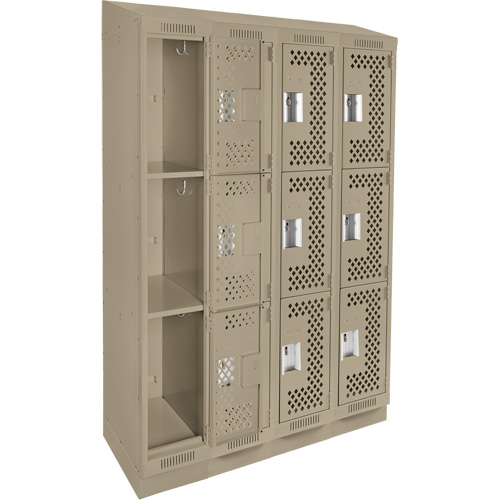 Clean Line Lockers, 3 -tier, Bank of 4, 48" x 15" x 82", Steel, Beige, Rivet (Assembled), Perforated Ontario Packaging