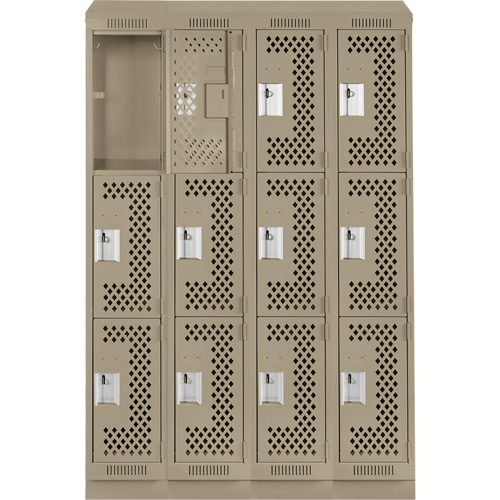 Clean Line Lockers, 3 -tier, Bank of 4, 48" x 15" x 82", Steel, Beige, Rivet (Assembled), Perforated Ontario Packaging