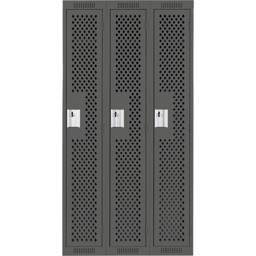 Clean Line Lockers, Bank of 3, 36" x 12" x 72", Steel, Charcoal, Rivet (Assembled), Perforated Ontario Packaging