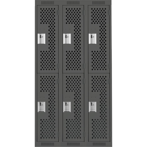 Clean Line Lockers, 2 -tier, Bank of 3, 36" x 15" x 72", Steel, Charcoal, Rivet (Assembled), Perforated Ontario Packaging