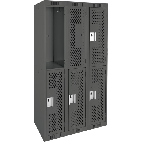 Clean Line Lockers, 2 -tier, Bank of 3, 36" x 15" x 72", Steel, Charcoal, Rivet (Assembled), Perforated Ontario Packaging