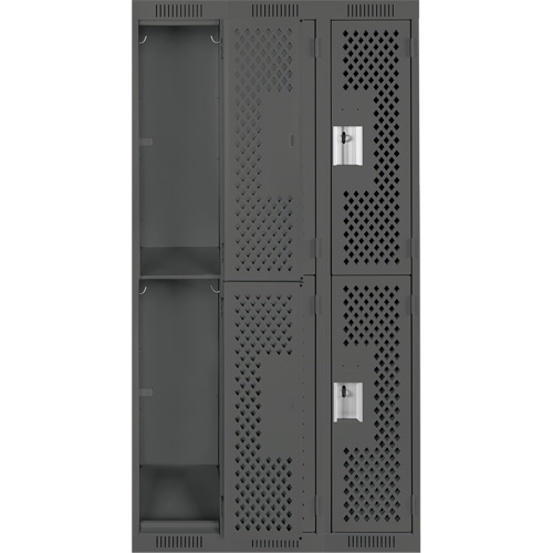 Clean Line Lockers, 2 -tier, Bank of 3, 36" x 15" x 72", Steel, Charcoal, Rivet (Assembled), Perforated Ontario Packaging