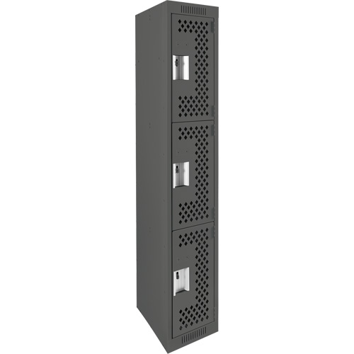 Clean Line Lockers, 3 -tier, 12" x 12" x 72", Steel, Charcoal, Rivet (Assembled), Perforated Ontario Packaging