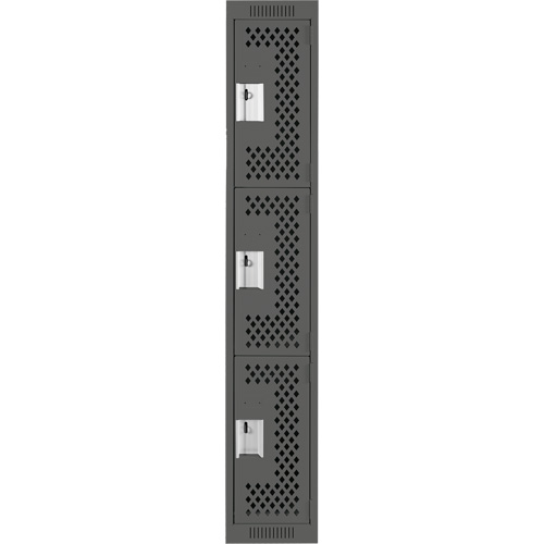 Clean Line Lockers, 3 -tier, 12" x 12" x 72", Steel, Charcoal, Rivet (Assembled), Perforated Ontario Packaging
