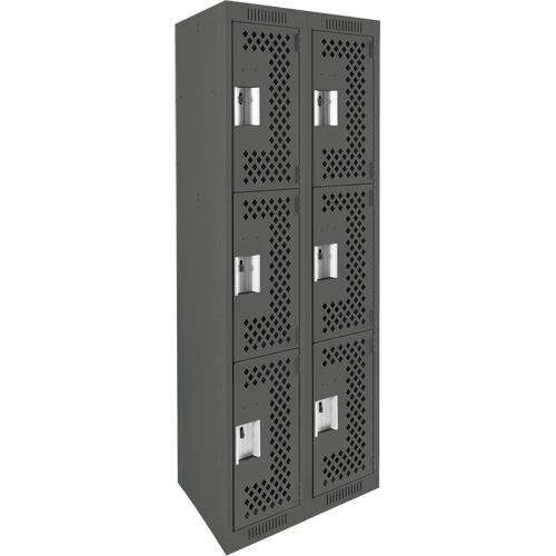 Clean Line Lockers, 3 -tier, Bank of 2, 24" x 12" x 72", Steel, Charcoal, Rivet (Assembled), Perforated Ontario Packaging