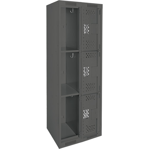 Clean Line Lockers, 3 -tier, Bank of 2, 24" x 12" x 72", Steel, Charcoal, Rivet (Assembled), Perforated Ontario Packaging