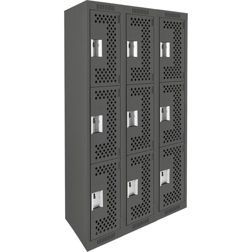Clean Line Lockers, 3 -tier, Bank of 3, 36" x 12" x 72", Steel, Charcoal, Rivet (Assembled), Perforated Ontario Packaging