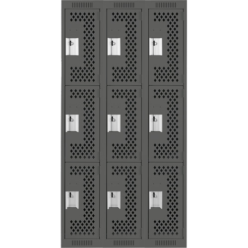 Clean Line Lockers, 3 -tier, Bank of 3, 36" x 12" x 72", Steel, Charcoal, Rivet (Assembled), Perforated Ontario Packaging