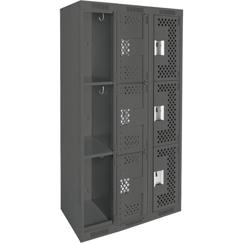 Clean Line Lockers, 3 -tier, Bank of 3, 36" x 12" x 72", Steel, Charcoal, Rivet (Assembled), Perforated Ontario Packaging