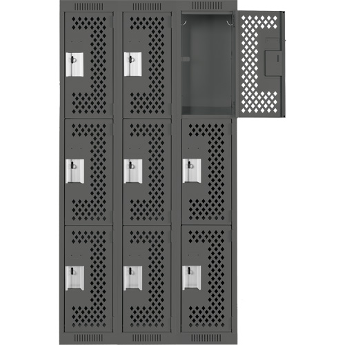 Clean Line Lockers, 3 -tier, Bank of 3, 36" x 12" x 72", Steel, Charcoal, Rivet (Assembled), Perforated Ontario Packaging