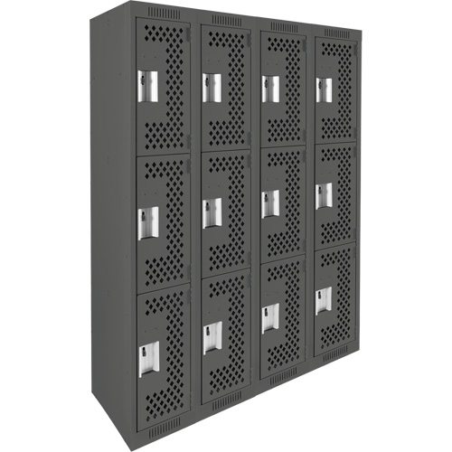 Clean Line Lockers, 3 -tier, Bank of 4, 48" x 12" x 72", Steel, Charcoal, Rivet (Assembled), Perforated Ontario Packaging
