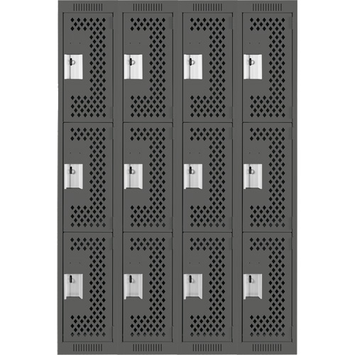 Clean Line Lockers, 3 -tier, Bank of 4, 48" x 12" x 72", Steel, Charcoal, Rivet (Assembled), Perforated Ontario Packaging
