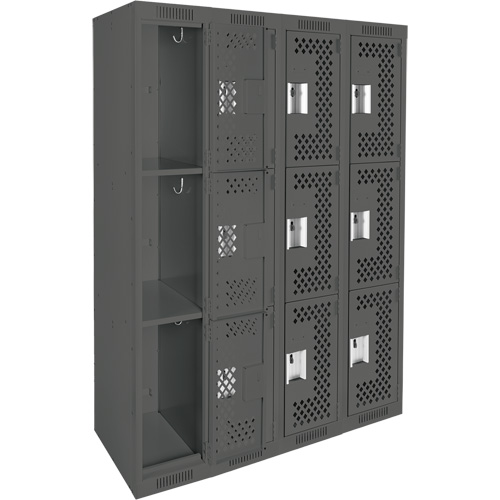 Clean Line Lockers, 3 -tier, Bank of 4, 48" x 12" x 72", Steel, Charcoal, Rivet (Assembled), Perforated Ontario Packaging