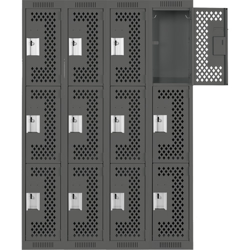 Clean Line Lockers, 3 -tier, Bank of 4, 48" x 12" x 72", Steel, Charcoal, Rivet (Assembled), Perforated Ontario Packaging