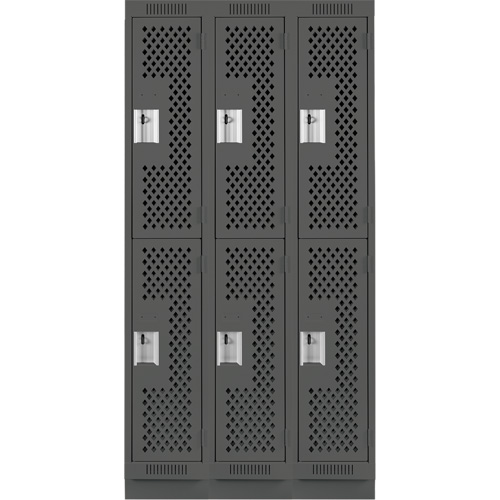 Clean Line Lockers, 2 -tier, Bank of 3, 36" x 15" x 76", Steel, Charcoal, Rivet (Assembled), Perforated Ontario Packaging