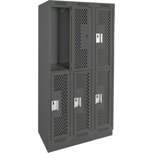 Clean Line Lockers, 2 -tier, Bank of 3, 36" x 15" x 76", Steel, Charcoal, Rivet (Assembled), Perforated Ontario Packaging