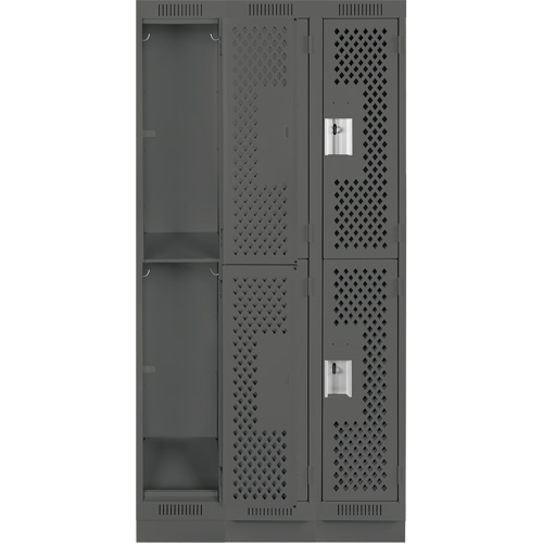 Clean Line Lockers, 2 -tier, Bank of 3, 36" x 15" x 76", Steel, Charcoal, Rivet (Assembled), Perforated Ontario Packaging