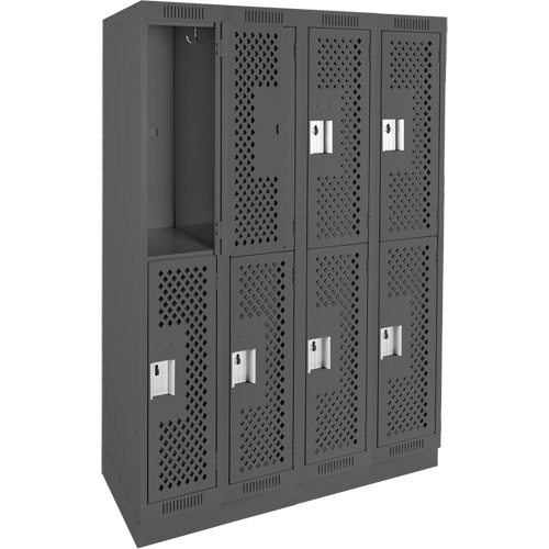 Clean Line Lockers, 2 -tier, Bank of 4, 48" x 15" x 76", Steel, Charcoal, Rivet (Assembled), Perforated Ontario Packaging