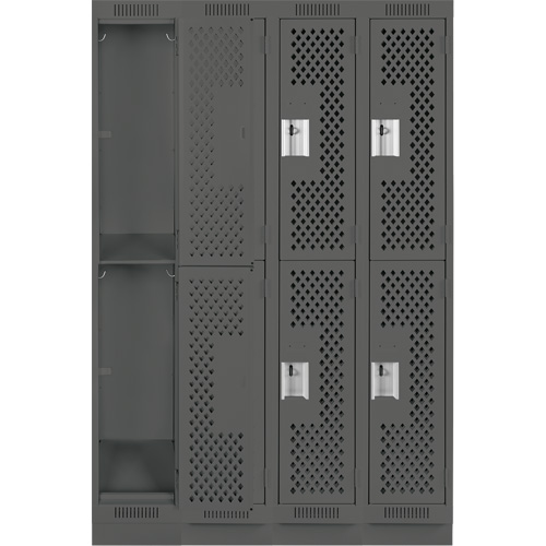 Clean Line Lockers, 2 -tier, Bank of 4, 48" x 15" x 76", Steel, Charcoal, Rivet (Assembled), Perforated Ontario Packaging