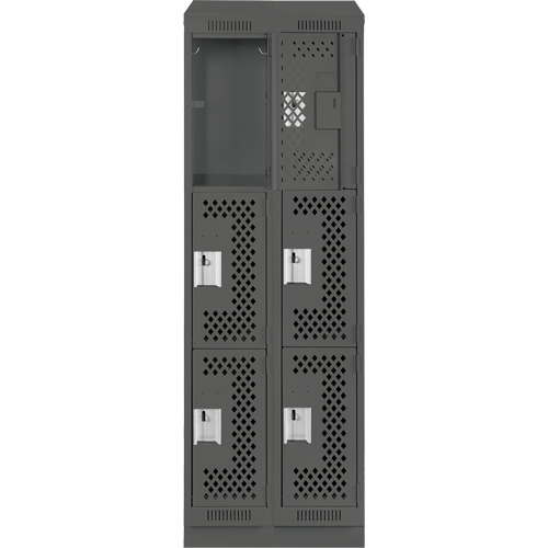 Clean Line Lockers, 3 -tier, Bank of 2, 24" x 15" x 82", Steel, Charcoal, Rivet (Assembled), Perforated Ontario Packaging