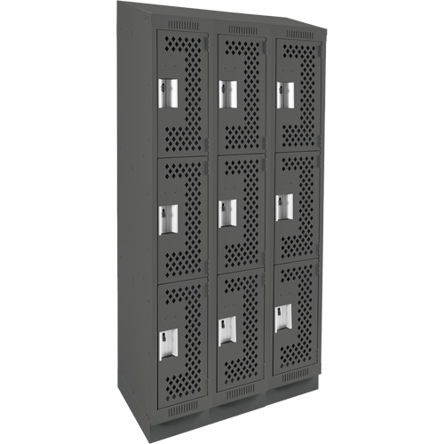 Clean Line Lockers, 3 -tier, Bank of 3, 36" x 15" x 82", Steel, Charcoal, Rivet (Assembled), Perforated Ontario Packaging