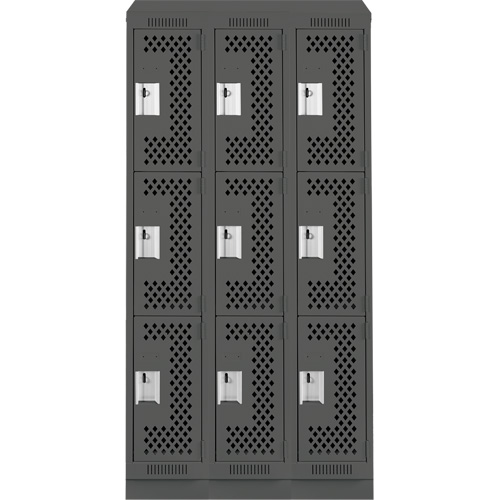 Clean Line Lockers, 3 -tier, Bank of 3, 36" x 15" x 82", Steel, Charcoal, Rivet (Assembled), Perforated Ontario Packaging