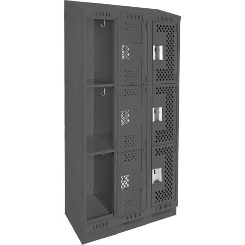Clean Line Lockers, 3 -tier, Bank of 3, 36" x 15" x 82", Steel, Charcoal, Rivet (Assembled), Perforated Ontario Packaging