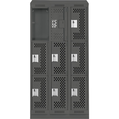 Clean Line Lockers, 3 -tier, Bank of 3, 36" x 15" x 82", Steel, Charcoal, Rivet (Assembled), Perforated Ontario Packaging