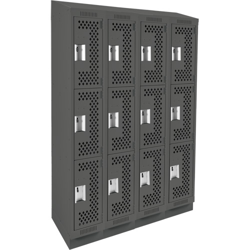 Clean Line Lockers, 3 -tier, Bank of 4, 48" x 15" x 82", Steel, Charcoal, Rivet (Assembled), Perforated Ontario Packaging