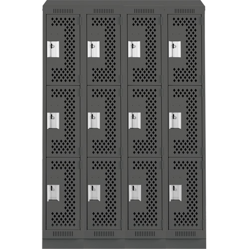 Clean Line Lockers, 3 -tier, Bank of 4, 48" x 15" x 82", Steel, Charcoal, Rivet (Assembled), Perforated Ontario Packaging