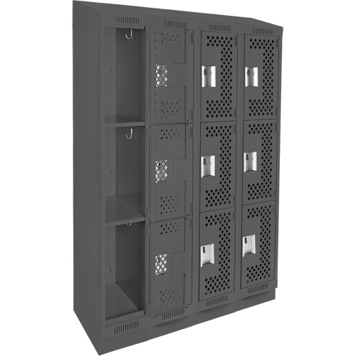 Clean Line Lockers, 3 -tier, Bank of 4, 48" x 15" x 82", Steel, Charcoal, Rivet (Assembled), Perforated Ontario Packaging