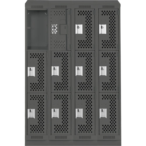 Clean Line Lockers, 3 -tier, Bank of 4, 48" x 15" x 82", Steel, Charcoal, Rivet (Assembled), Perforated Ontario Packaging