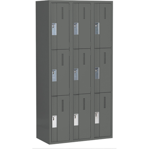 Concorde Heavy-Duty Lockers, 3 -tier, Bank of 3, 36" x 18" x 72", Steel, Charcoal, Welded (Assembled) Ontario Packaging
