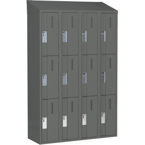 Concorde Heavy-Duty Lockers, 3 -tier, Bank of 4, 48" x 18" x 78", Steel, Charcoal, Welded (Assembled) Ontario Packaging