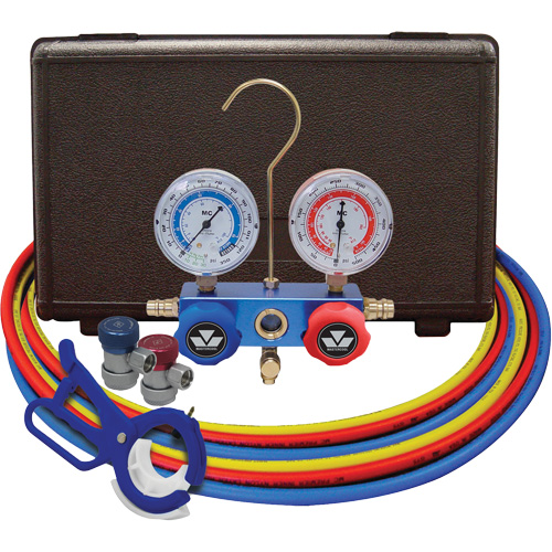 Dual Manifold Gauge Set with Manual Couplers & 3-in-1 Side Mount Can Tap Valve Ontario Packaging