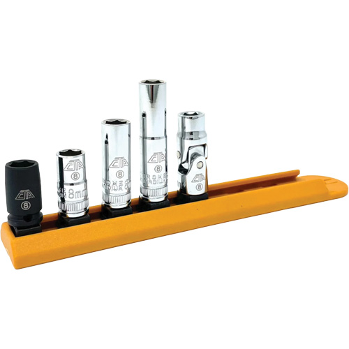 Jeu de douilles chrom&eacute;es avec rail, 5 Morceaux, Prise de 1/4" Ontario Packaging