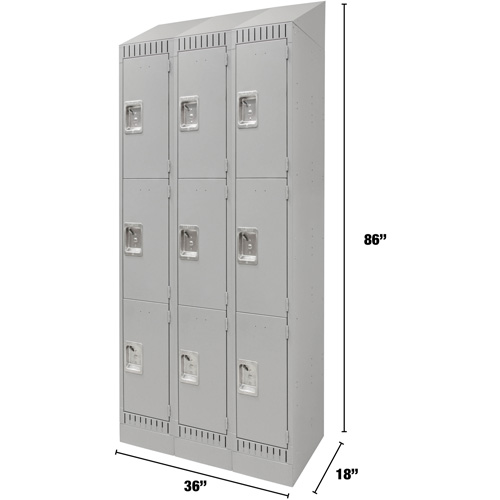 Lockers, 3 -tier, Bank of 3, 36" x 18" x 86", Steel, Grey, Knocked Down Ontario Packaging