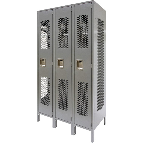 Vented Lockers, Bank of 3, 36" x 18" x 78", Steel, Grey, Knocked Down, Perforated Ontario Packaging