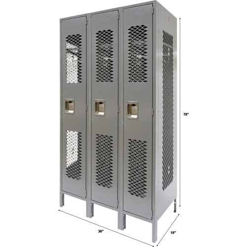 Vented Lockers, Bank of 3, 36" x 18" x 78", Steel, Grey, Knocked Down, Perforated Ontario Packaging
